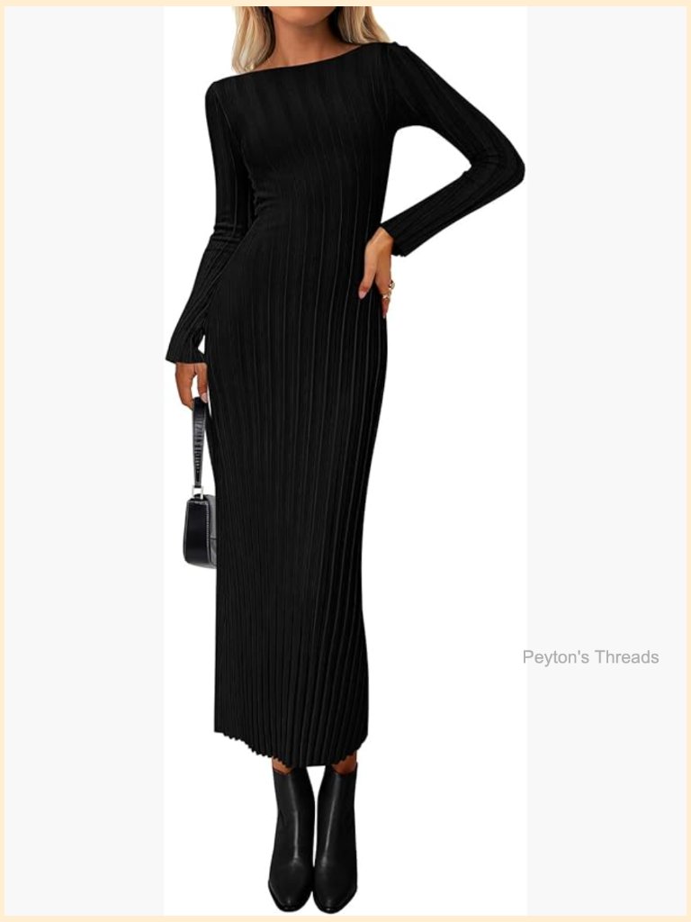 Boat Neck Long Sleeve Ribbed Knit Bodycon Maxi Sweater Dress